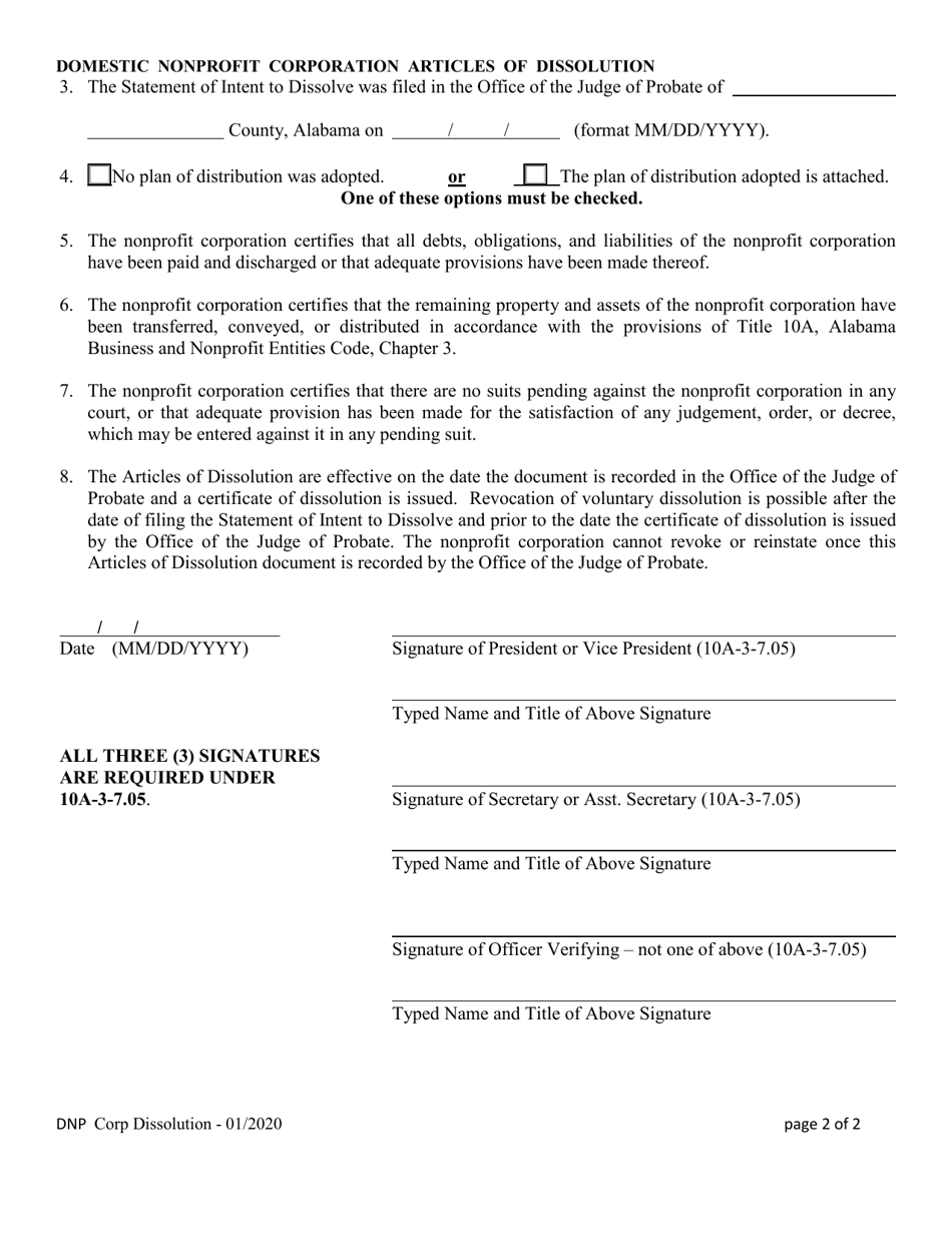Domestic Nonprofit Corporation Articles of Dissolution - Alabama, Page 2