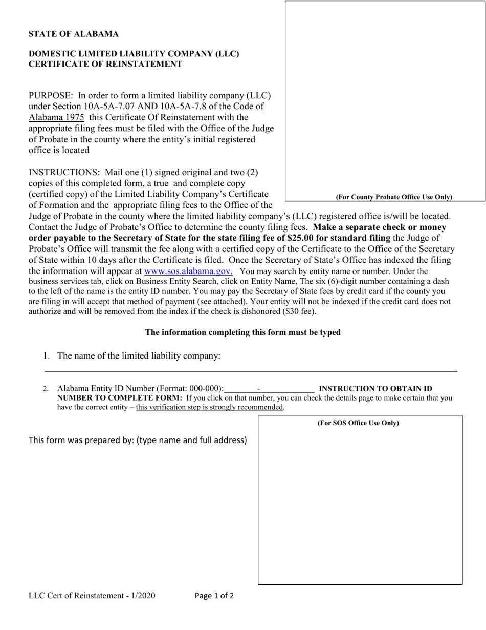 Domestic Limited Liability Company (LLC) Certificate of Reinstatement - Alabama, Page 1