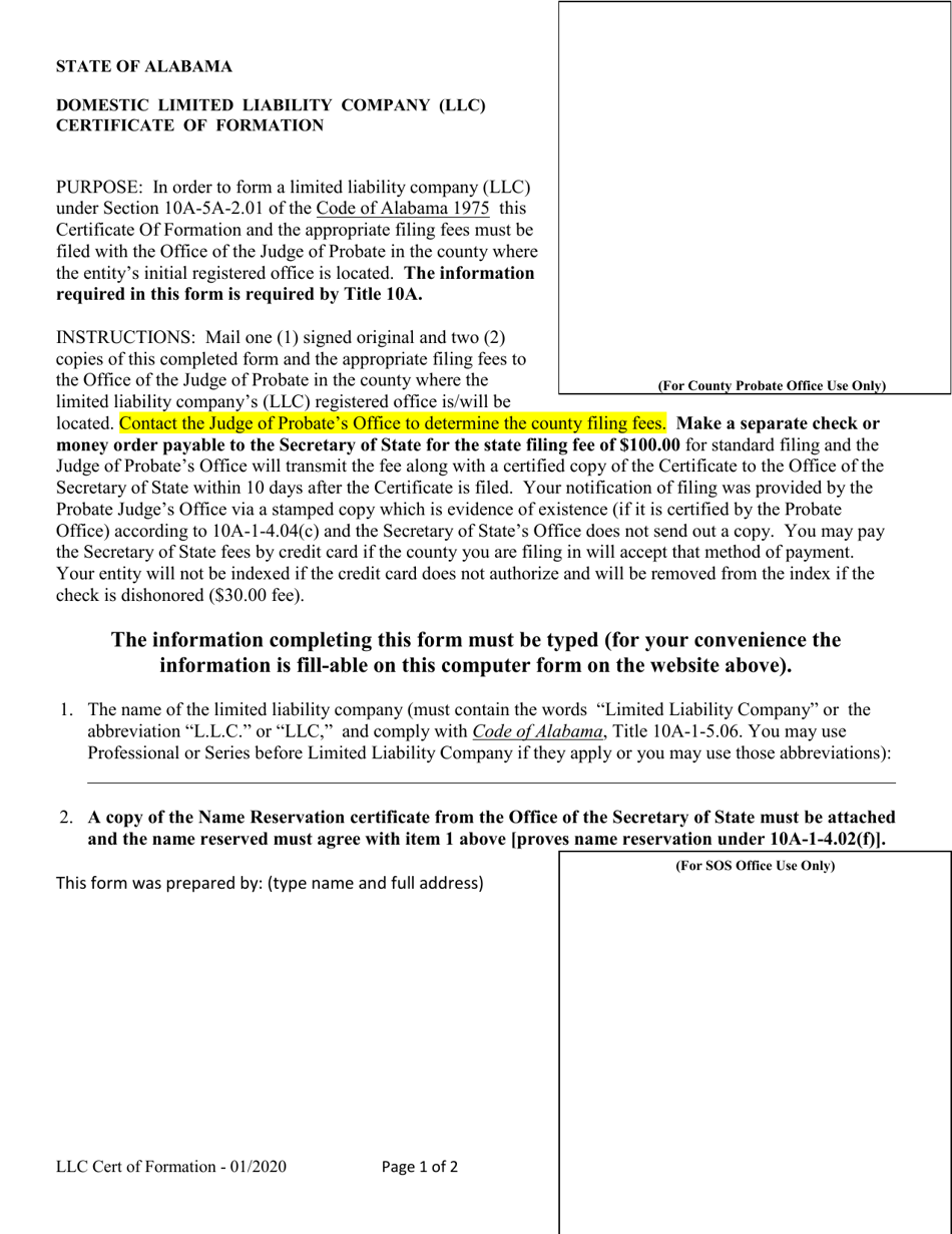 Alabama Domestic Limited Liability Company (LLC) Certificate of Formation Fill Out, Sign