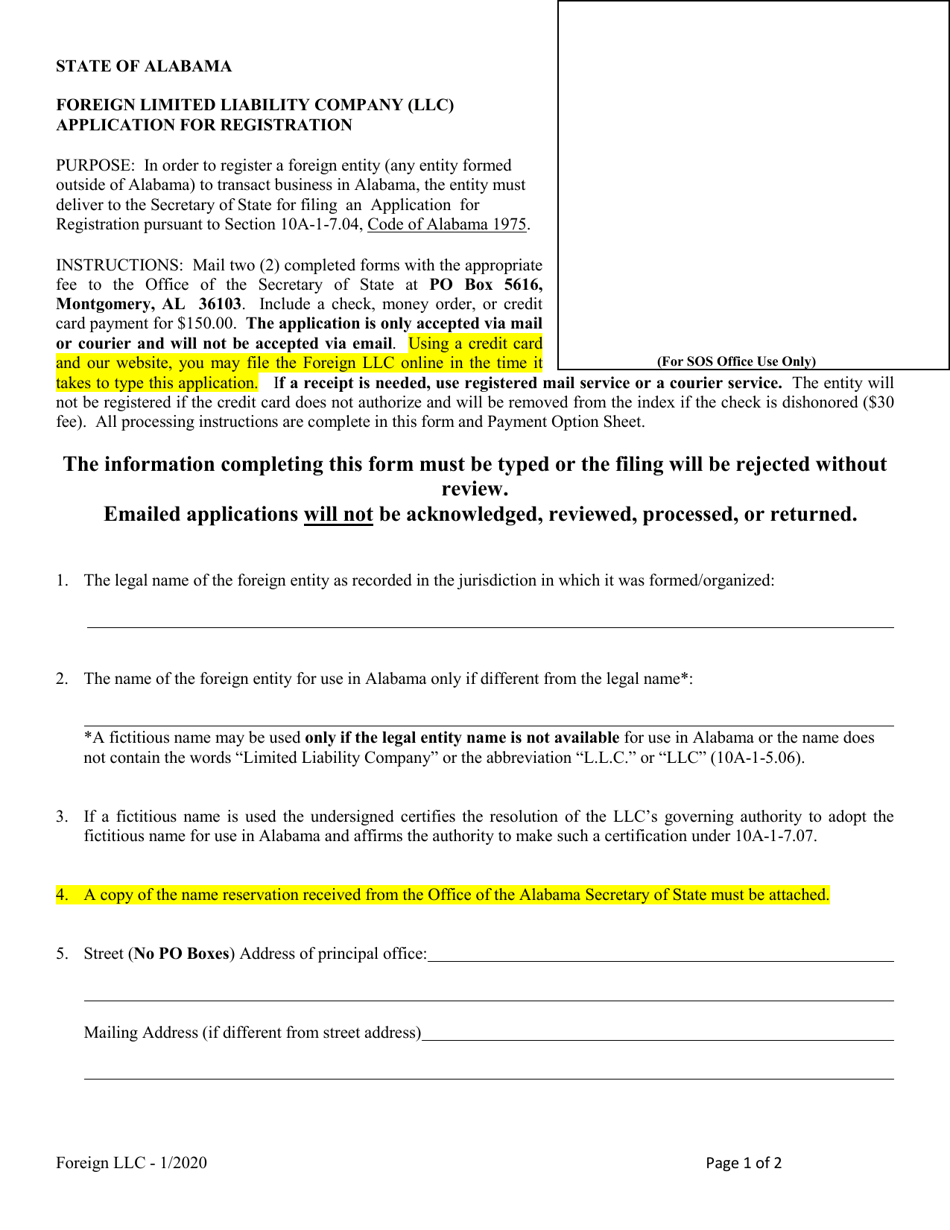 Alabama Foreign Limited Liability Company (LLC) Application for Registration Fill Out, Sign