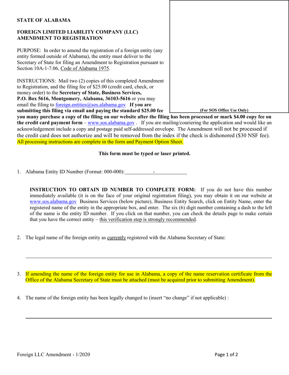 Foreign Limited Liability Company (LLC) Amendment to Registration - Alabama, Page 1