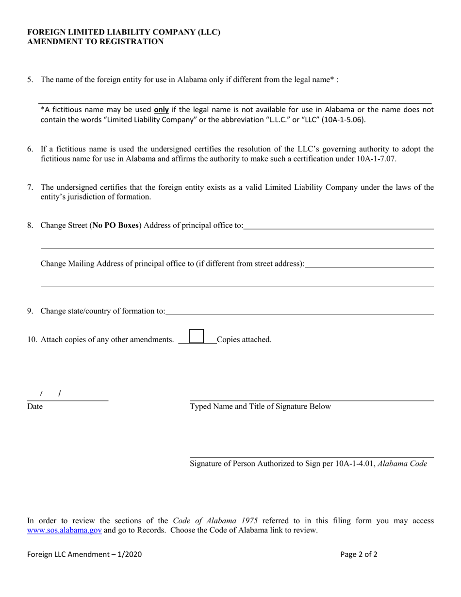 Foreign Limited Liability Company (LLC) Amendment to Registration - Alabama, Page 2