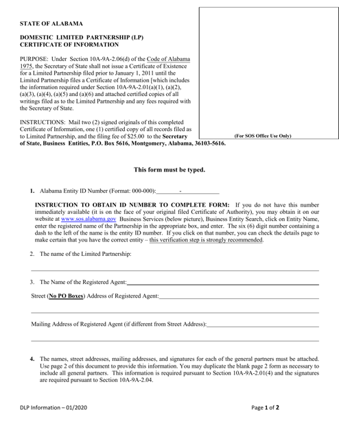 Domestic Limited Partnership (Lp) Certificate of Information - Alabama Download Pdf