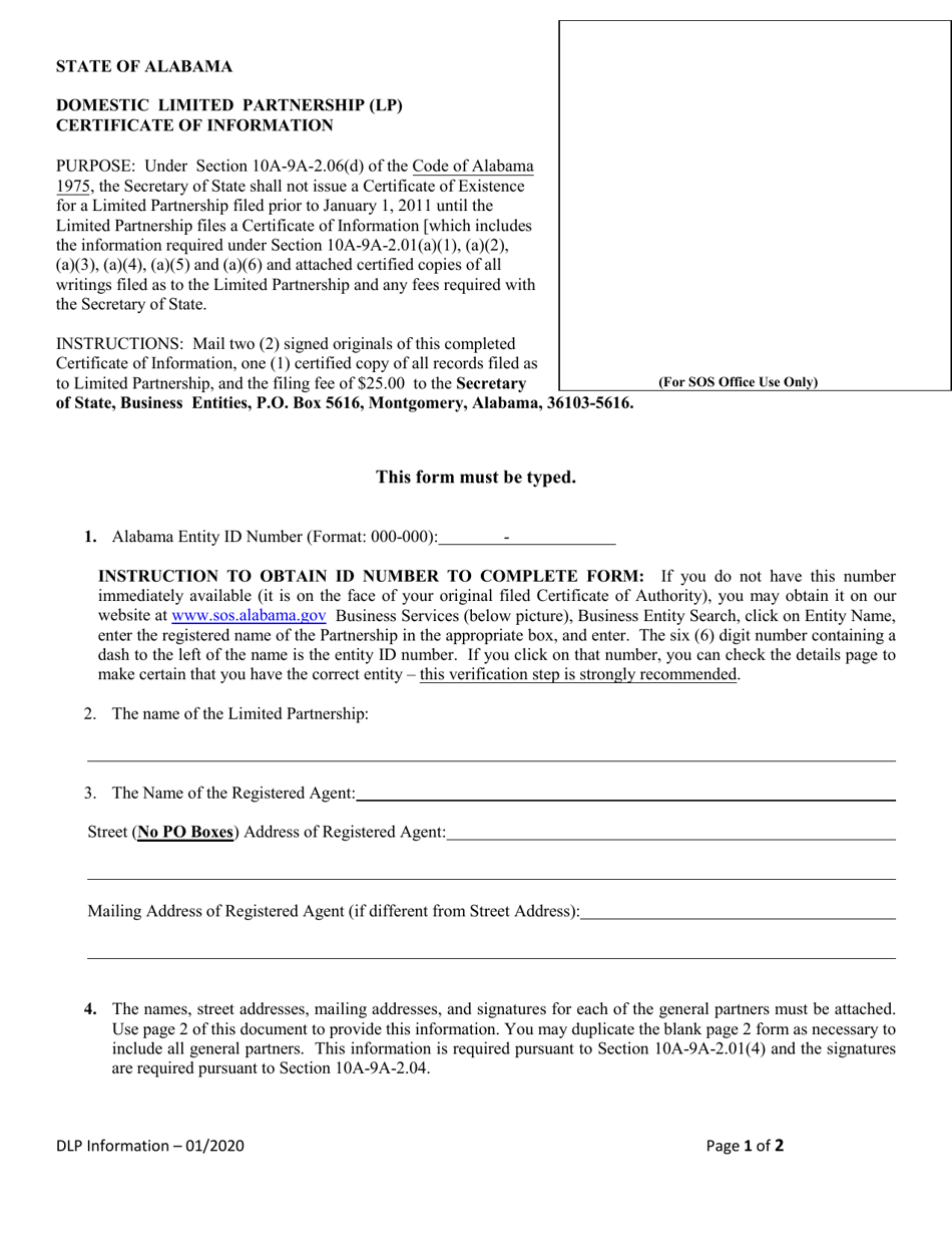 Domestic Limited Partnership (Lp) Certificate of Information - Alabama, Page 1