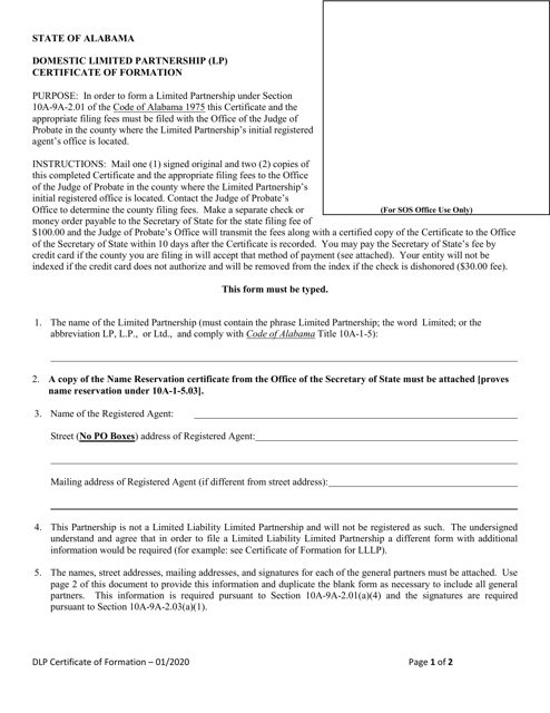 Domestic Limited Partnership (Lp) Certificate of Formation - Alabama Download Pdf