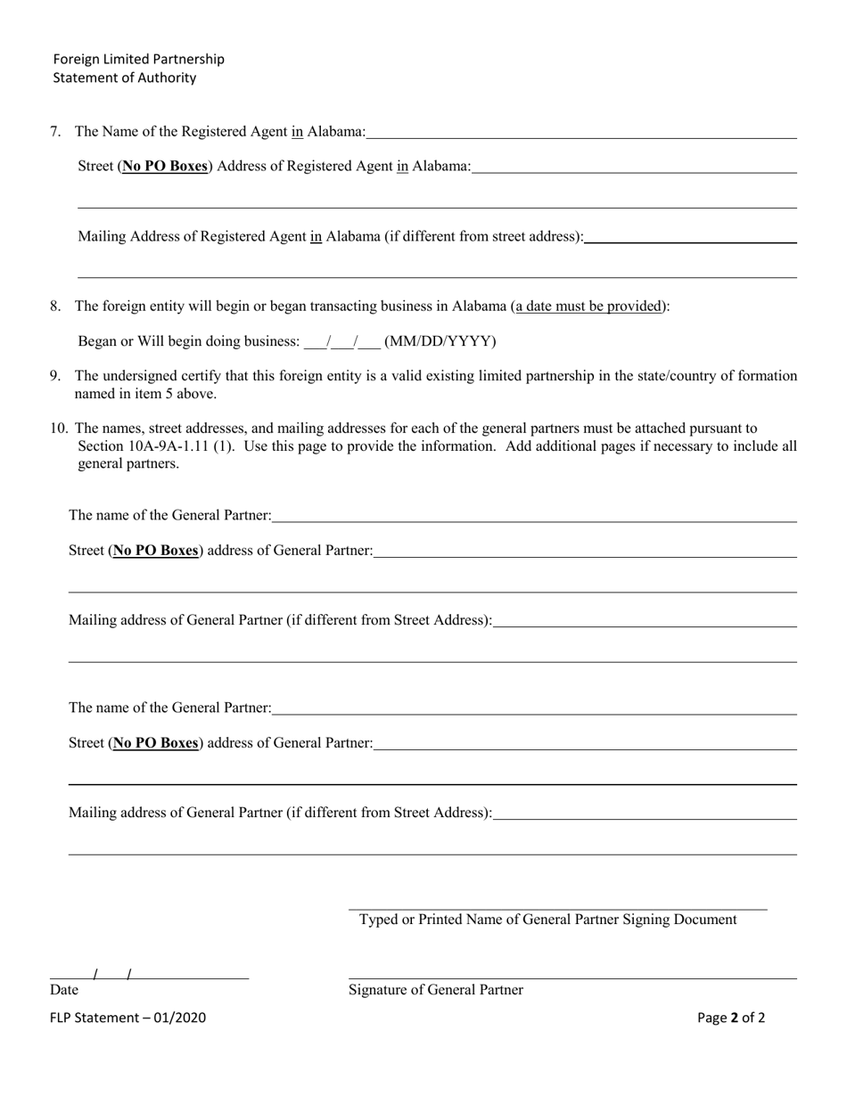 Foreign Limited Partnership (Lp) Statement of Authority - Alabama, Page 2
