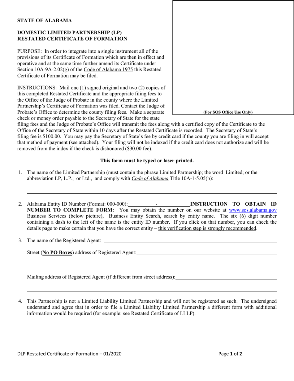 Domestic Limited Partnership (Lp) Restated Certificate of Formation - Alabama, Page 1