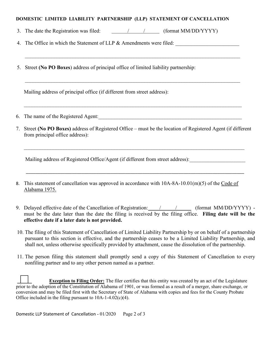 Domestic Limited Liability Partnership (LLP ) Statement of Cancellation - Alabama, Page 2