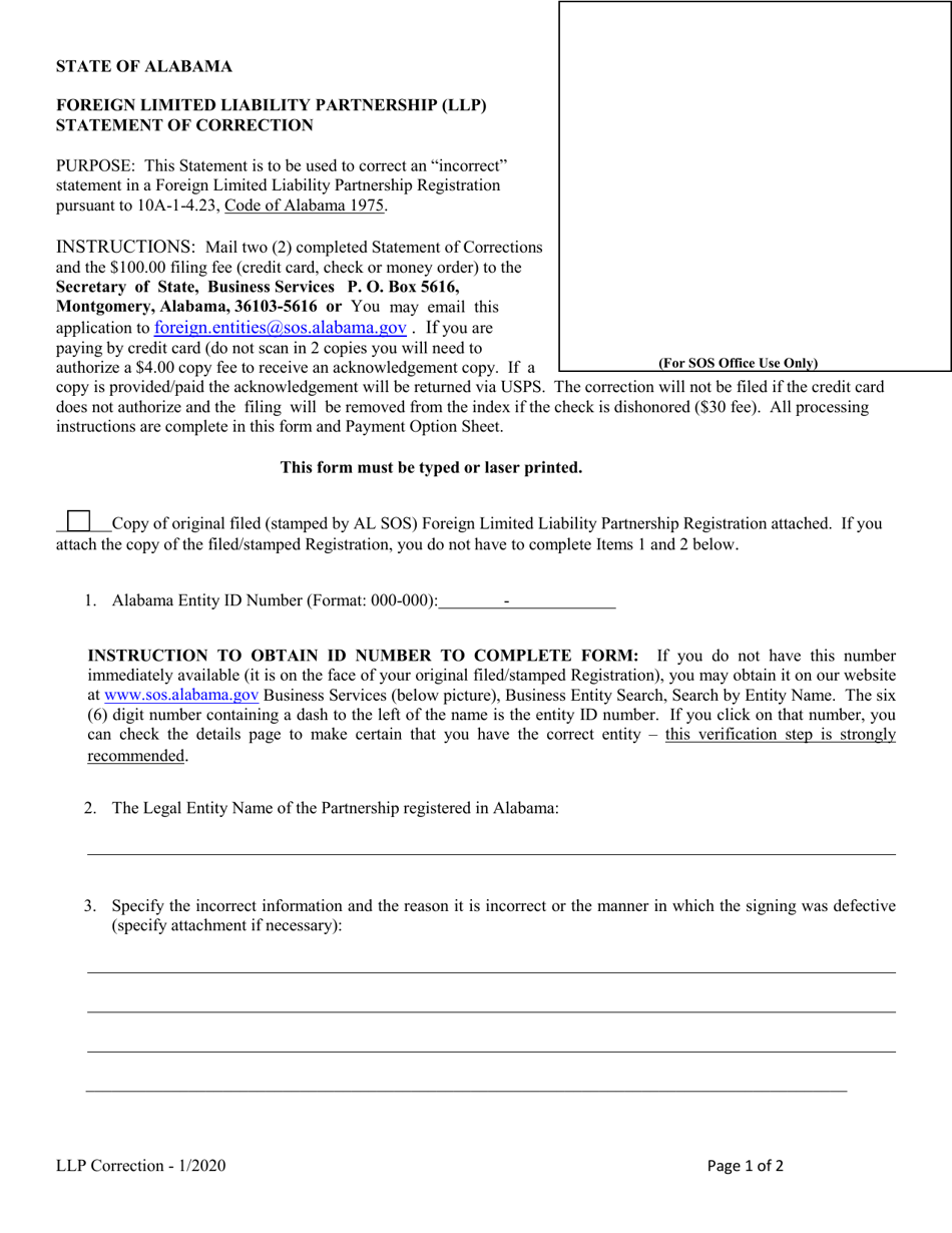 Foreign Limited Liability Partnership (LLP ) Statement of Correction - Alabama, Page 1