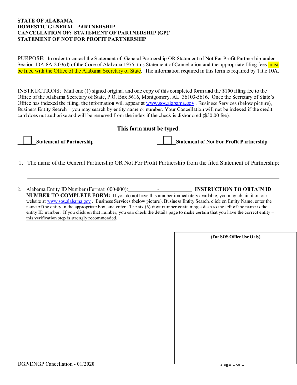 Domestic General Partnership Cancellation of: Statement of Partnership (Gp) / Statement of Not for Profit Partnership - Alabama, Page 1