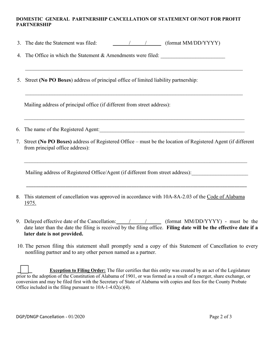 Domestic General Partnership Cancellation of: Statement of Partnership (Gp) / Statement of Not for Profit Partnership - Alabama, Page 2