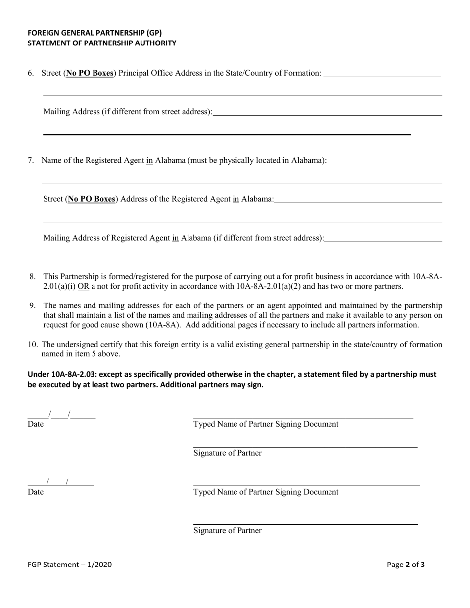Foreign General Partnership (Gp) Statement of Partnership Authority - Alabama, Page 2