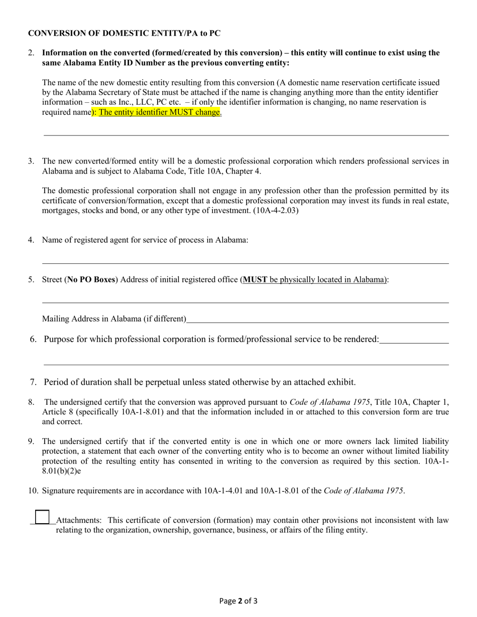 Conversion of a Domestic Entity - Professional Association to Professional Corporation - Alabama, Page 2