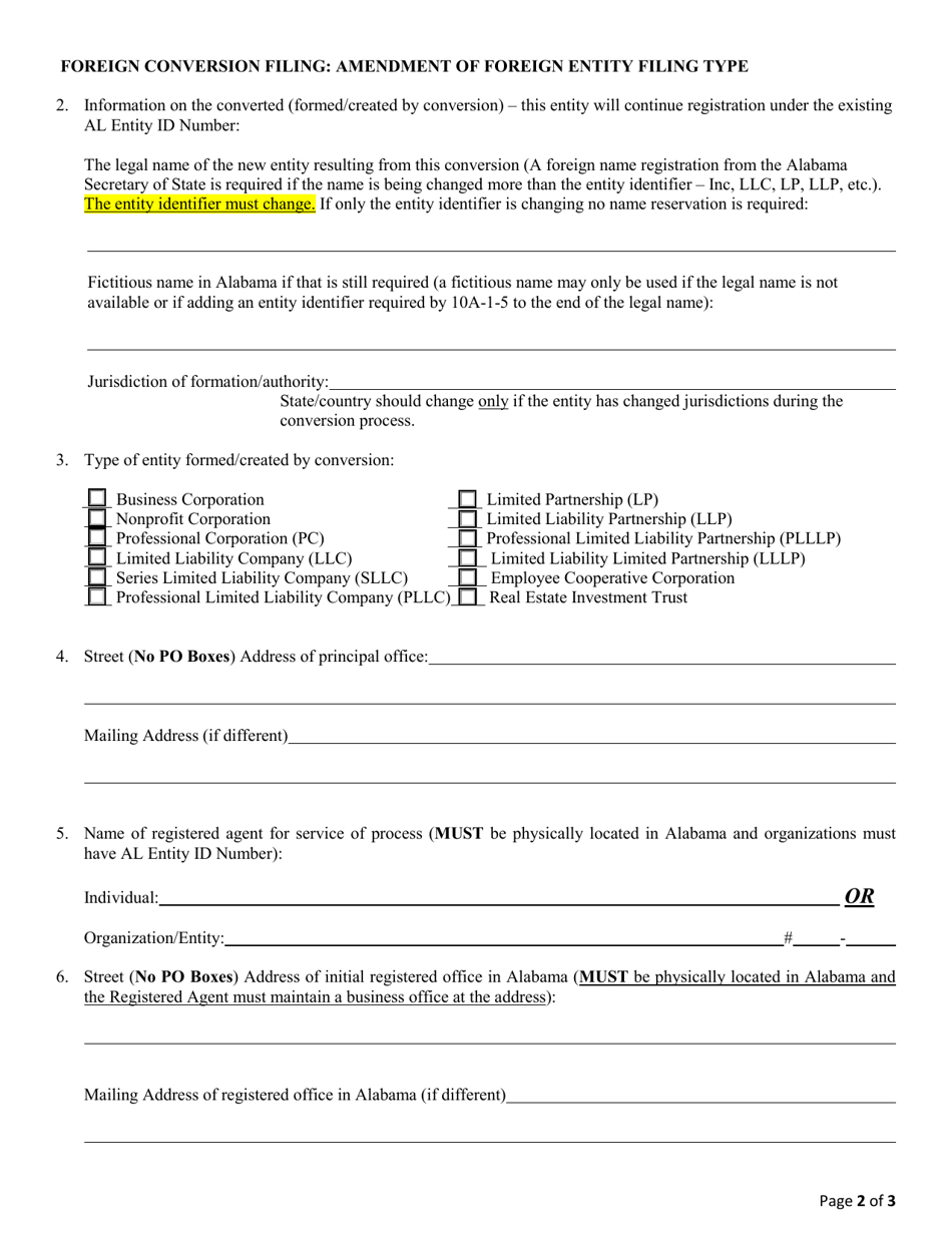 Foreign Conversion Filing: Amendment of Foreign Entity Filing Type - Alabama, Page 2