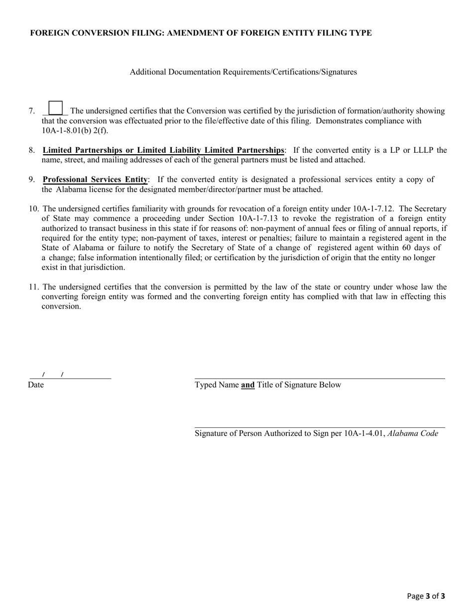 Foreign Conversion Filing: Amendment of Foreign Entity Filing Type - Alabama, Page 3