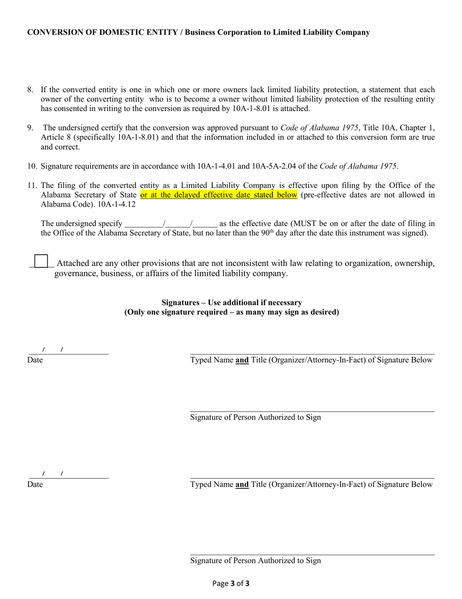 Conversion of a Domestic Entity - Business Corporation to Limited Liability Company - Alabama, Page 3