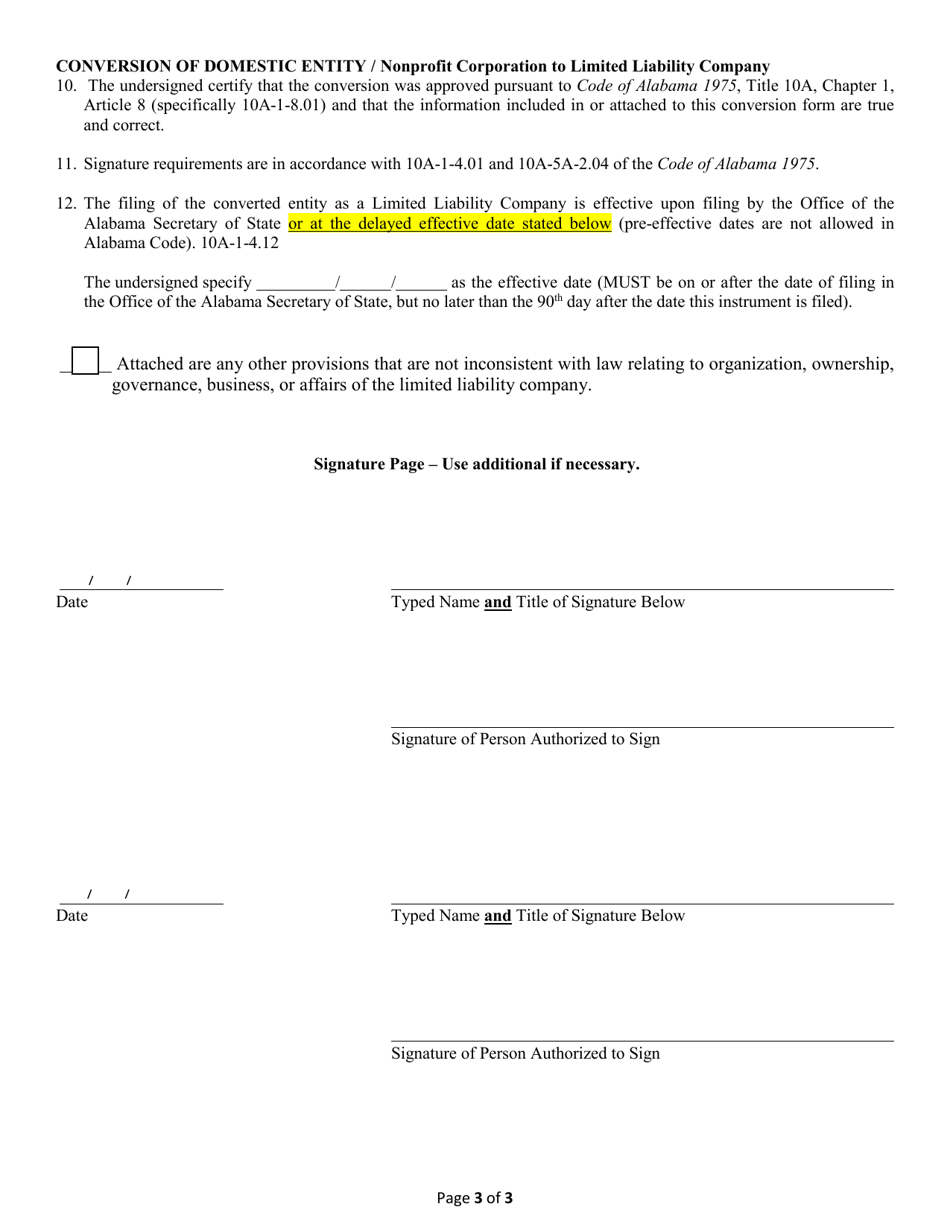 Conversion of a Domestic Entity - Nonprofit Corporation to Limited Liability Company - Alabama, Page 3