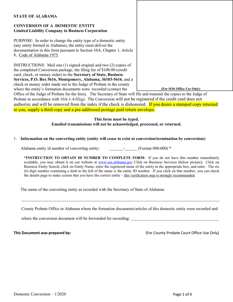 Conversion of a Domestic Entity - Limited Liability Company to Business Corporation - Alabama, Page 1