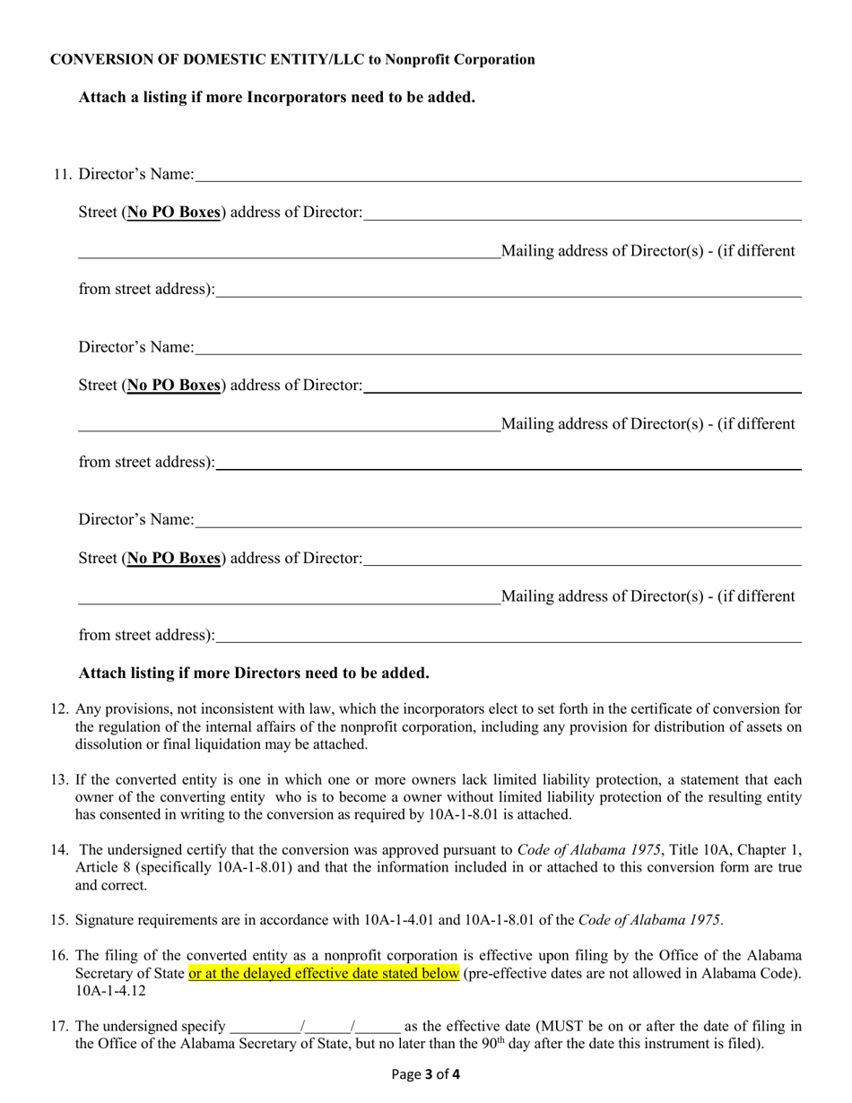 Conversion of a Domestic Entity - Limited Liability Company to Nonprofit Corporation - Alabama, Page 3