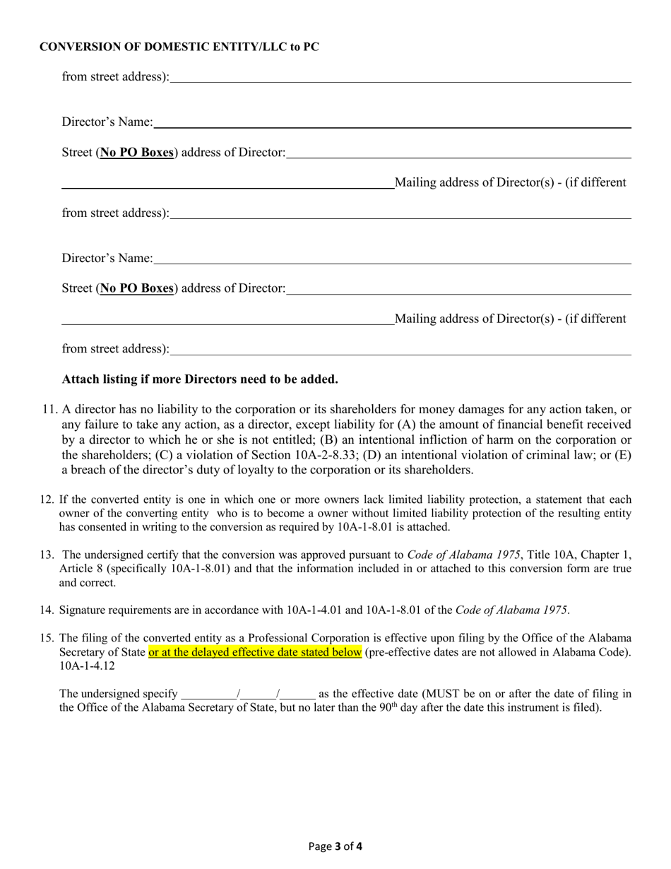 Conversion of a Domestic Entity - Limited Liability Company to Professional Corporation - Alabama, Page 3
