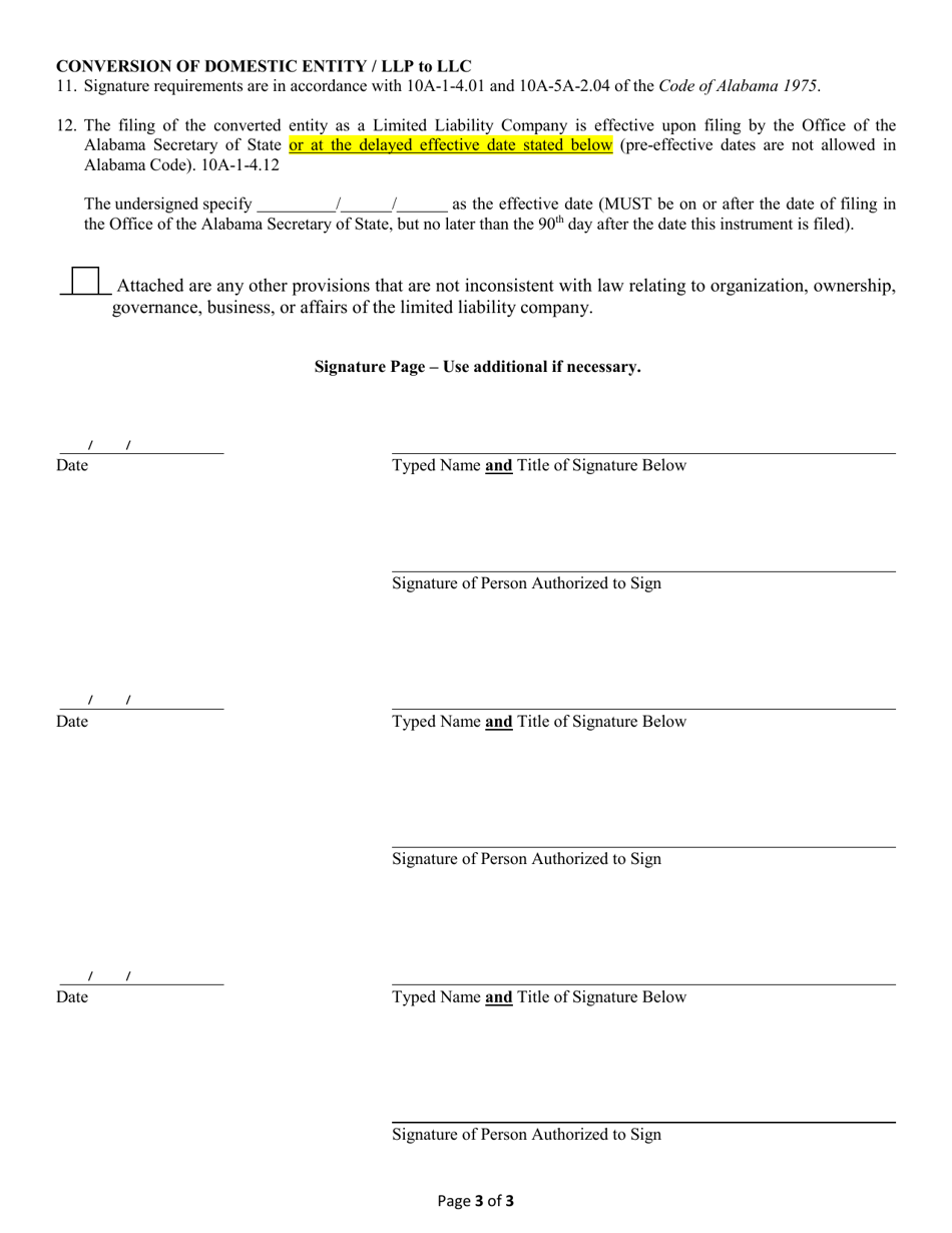 Conversion of a Domestic Entity - Limited Liability Partnership to Limited Liability Company - Alabama, Page 3