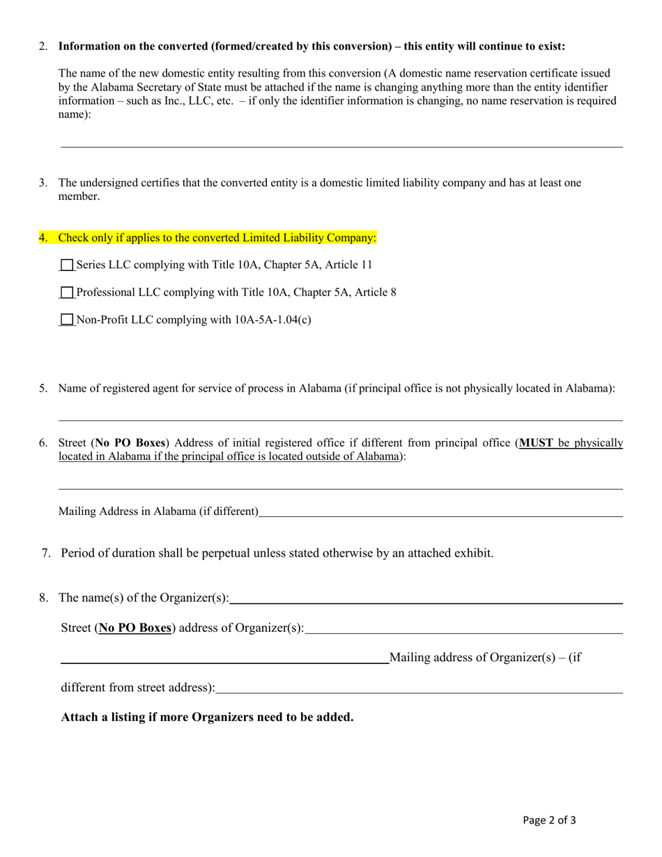 Conversion of a Domestic Entity - Limited Liability Limited Partnership to Limited Liability Company - Alabama, Page 2