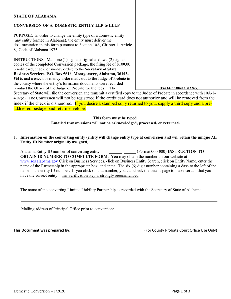 Conversion of a Domestic Entity LLP to Lllp - Alabama, Page 1