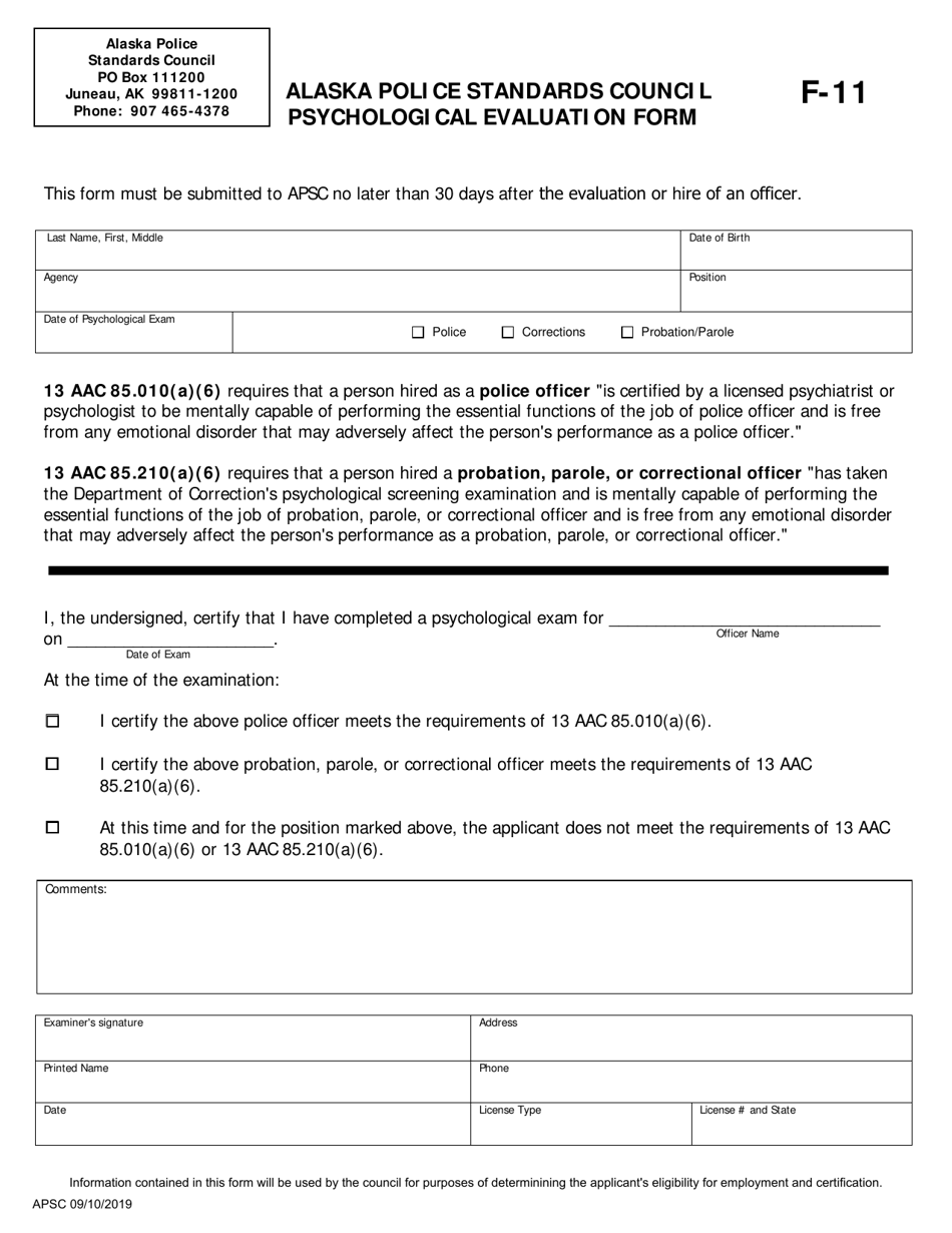 Form F-11 Psychological Evaluation Form - Alaska, Page 1