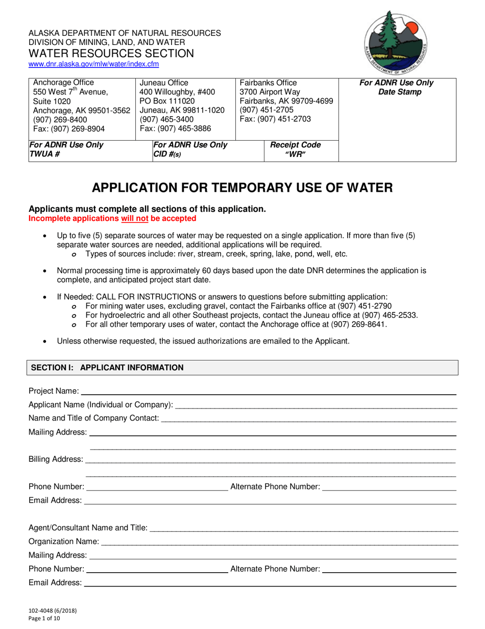 Form 102-4048 Application for Temporary Use of Water - Alaska, Page 1
