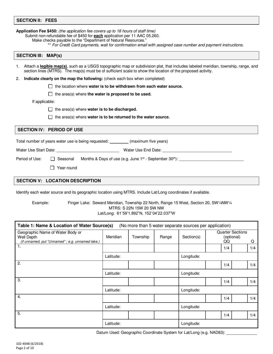 Form 102-4048 Application for Temporary Use of Water - Alaska, Page 2