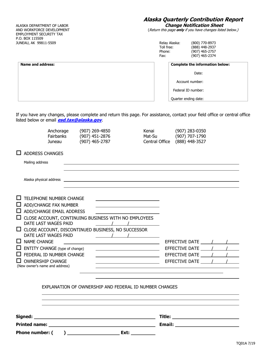 Form TQ01A Alaska Quarterly Contribution Report Change Notification Sheet - Alaska, Page 1