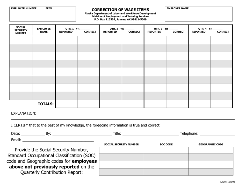 Form TADJ Correction of Wage Items - Alaska, Page 1