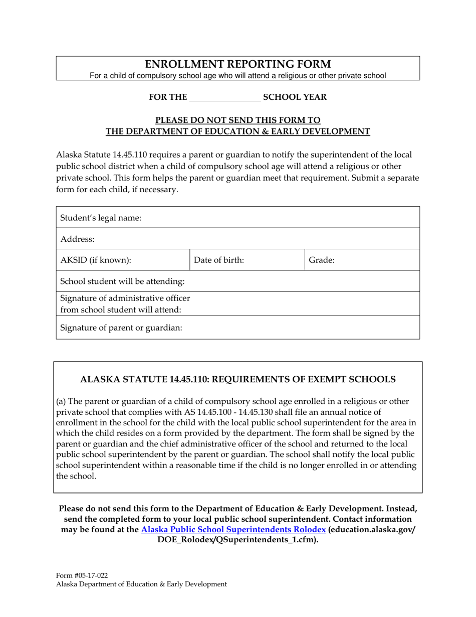 Form 05-17-022 Enrollment Reporting Form - Alaska, Page 1