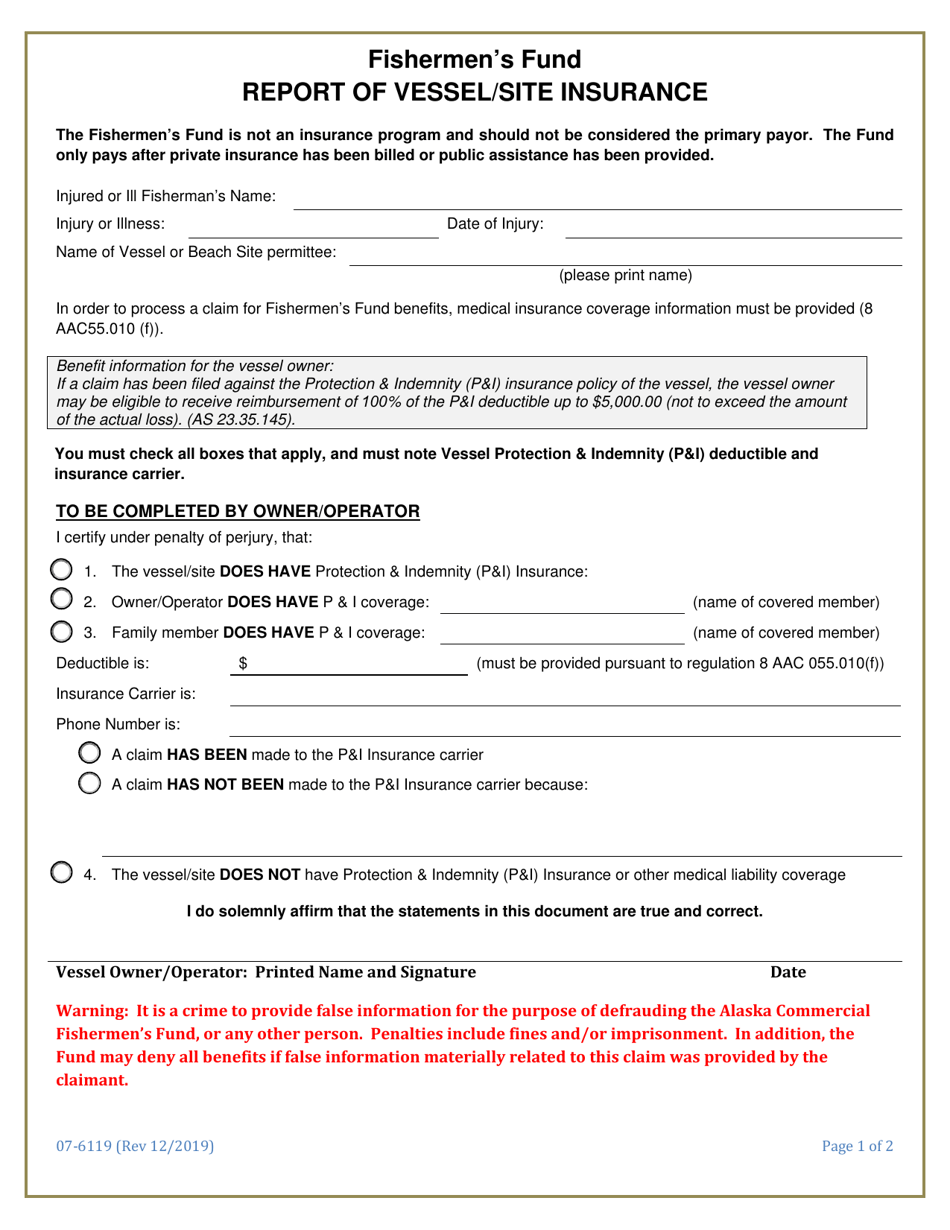 Form 07-6119 Fishermens Fund Report of Vessel / Site Insurance - Alaska, Page 1