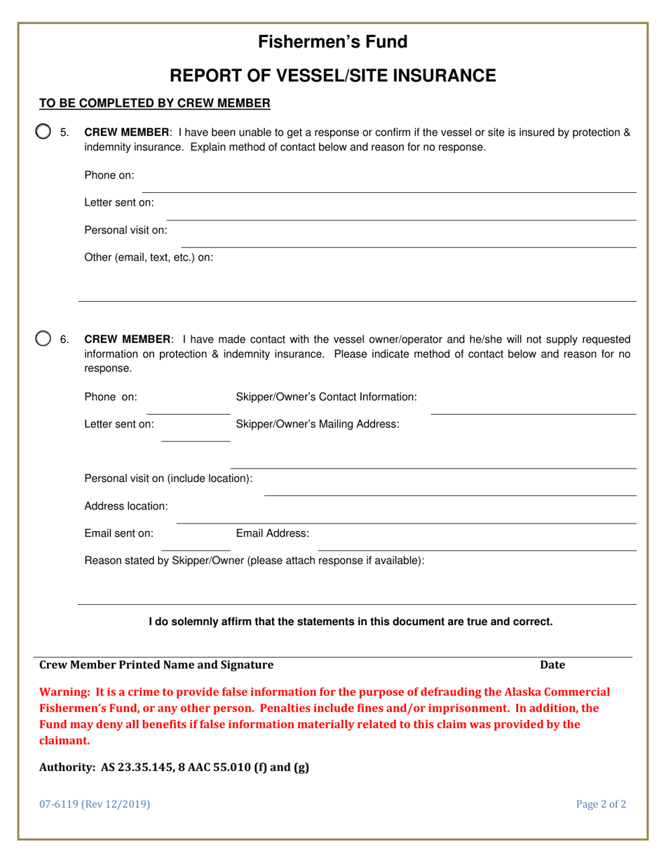 Form 07-6119 Fishermens Fund Report of Vessel / Site Insurance - Alaska, Page 2