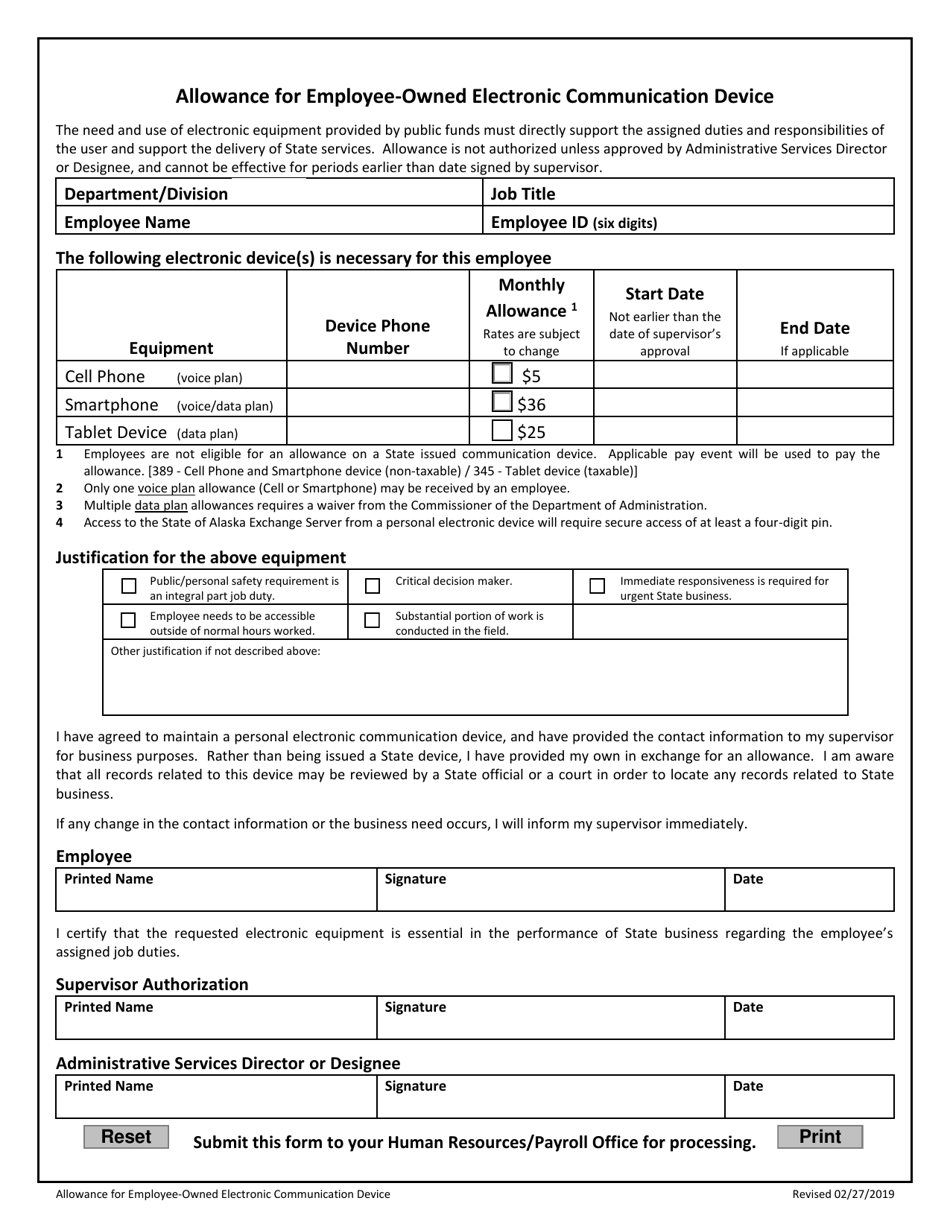 Allowance for Employee-Owned Electronic Communication Device - Alaska, Page 1