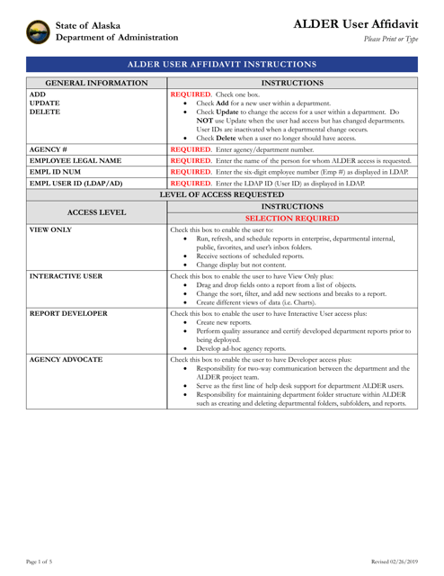 Alder User Affidavit - Alaska Download Pdf