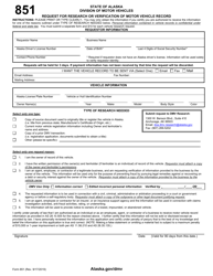 Form 851 Request for Research or Verification of Motor Vehicle Record - Alaska