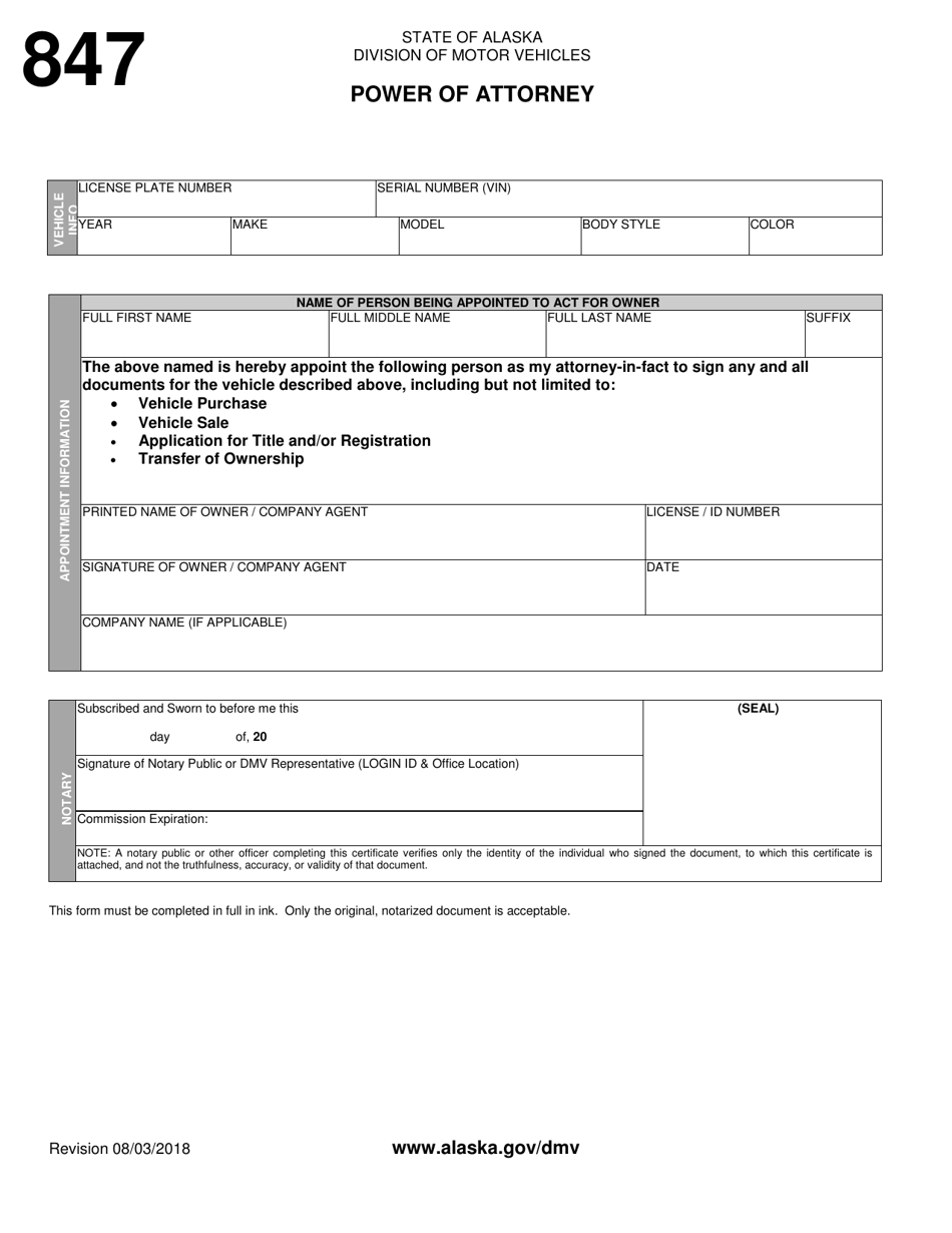 Form 847 Power of Attorney - Alaska, Page 1