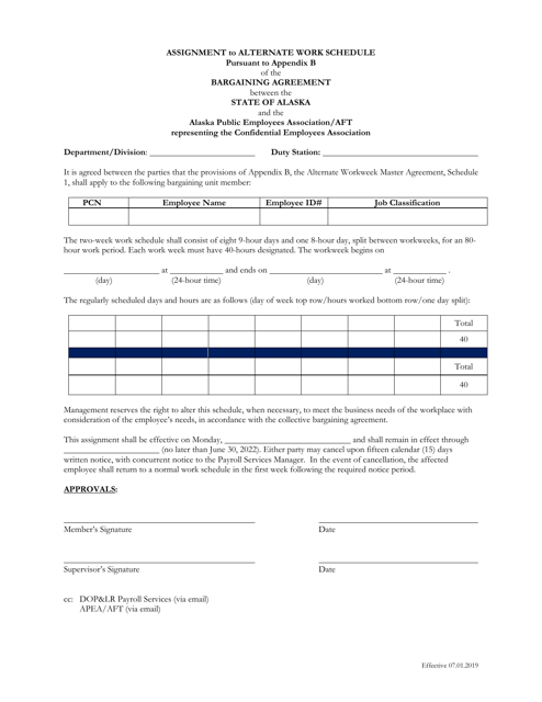 Assignment to Alternate Work Schedule Pursuant to Appendix B of the Bargaining Agreement Between the State of Alaska and the Alaska Public Employees Association / Aft Representing the Confidential Employees Association - Alaska Download Pdf