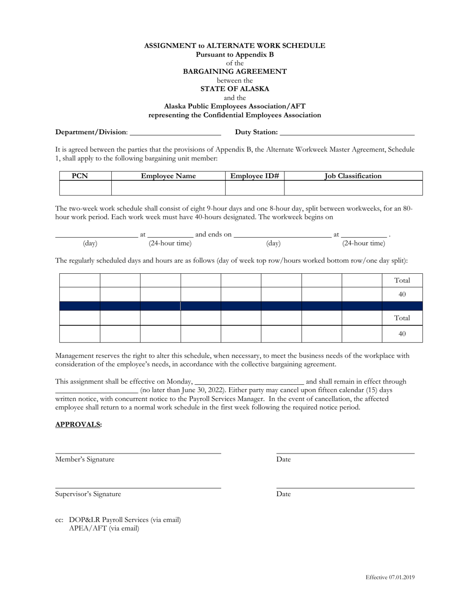 Assignment to Alternate Work Schedule Pursuant to Appendix B of the Bargaining Agreement Between the State of Alaska and the Alaska Public Employees Association / Aft Representing the Confidential Employees Association - Alaska, Page 1