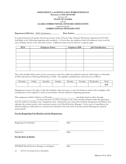 Assignment to 42-hour / 4-day Work Schedule Pursuant to Loa 20-co-065 Between the State of Alaska and the Alaska Correctional Officers Association Representing the Correctional Officers Unit - Alaska Download Pdf