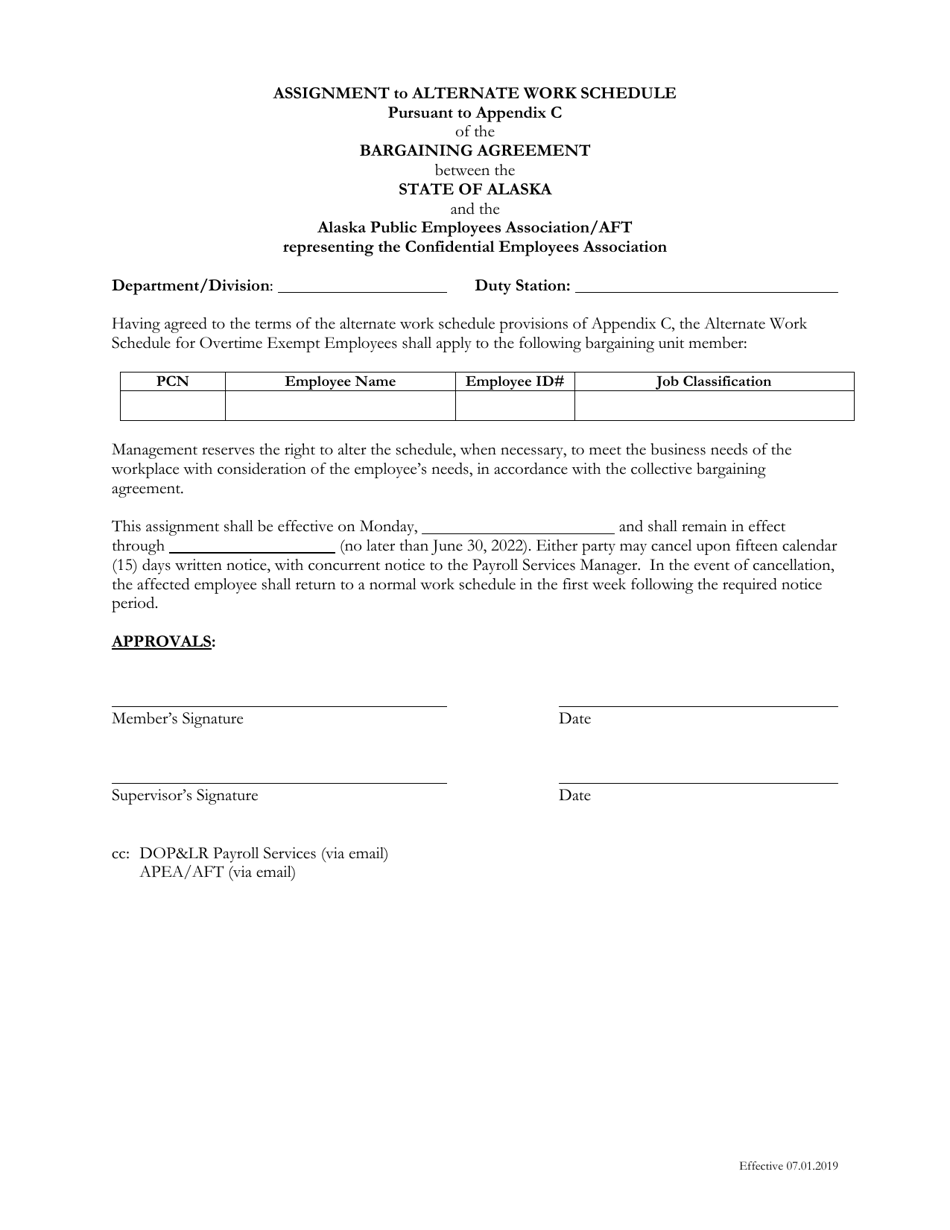 Assignment to Alternate Work Schedule Pursuant to Appendix C of the Bargaining Agreement Between the State of Alaska and the Alaska Public Employees Association / Aft Representing the Confidential Employees Association - Alaska, Page 1
