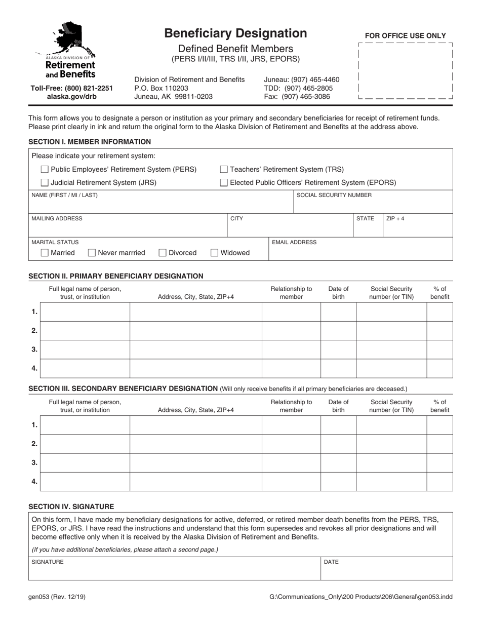 Form GEN053 Retiree Beneficiary Designation - Alaska, Page 1