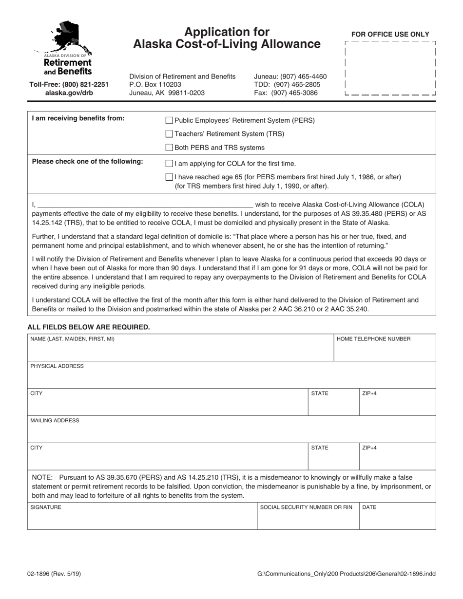 Form 02-1896 Application for Alaska Cost-Of-Living Allowance - Alaska, Page 1