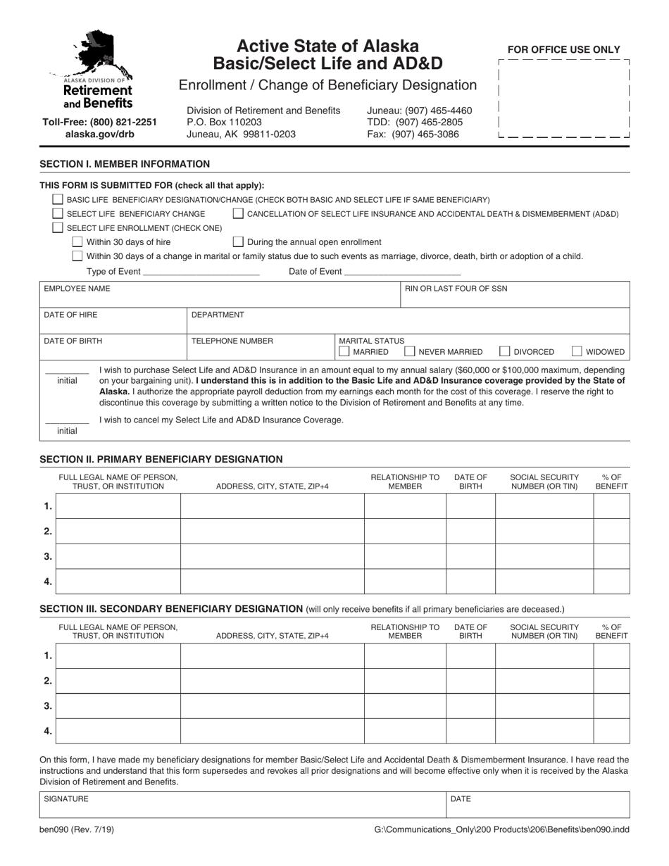 Form BEN090 Active State of Alaska Basic / Select Life and Add Enrollment / Change of Beneficiary Designation - Alaska, Page 1