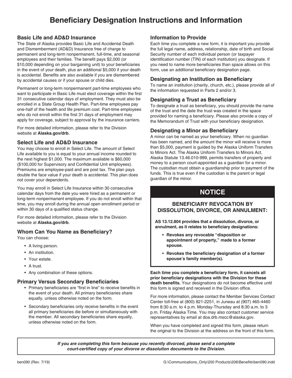 Form BEN090 Active State of Alaska Basic / Select Life and Add Enrollment / Change of Beneficiary Designation - Alaska, Page 2
