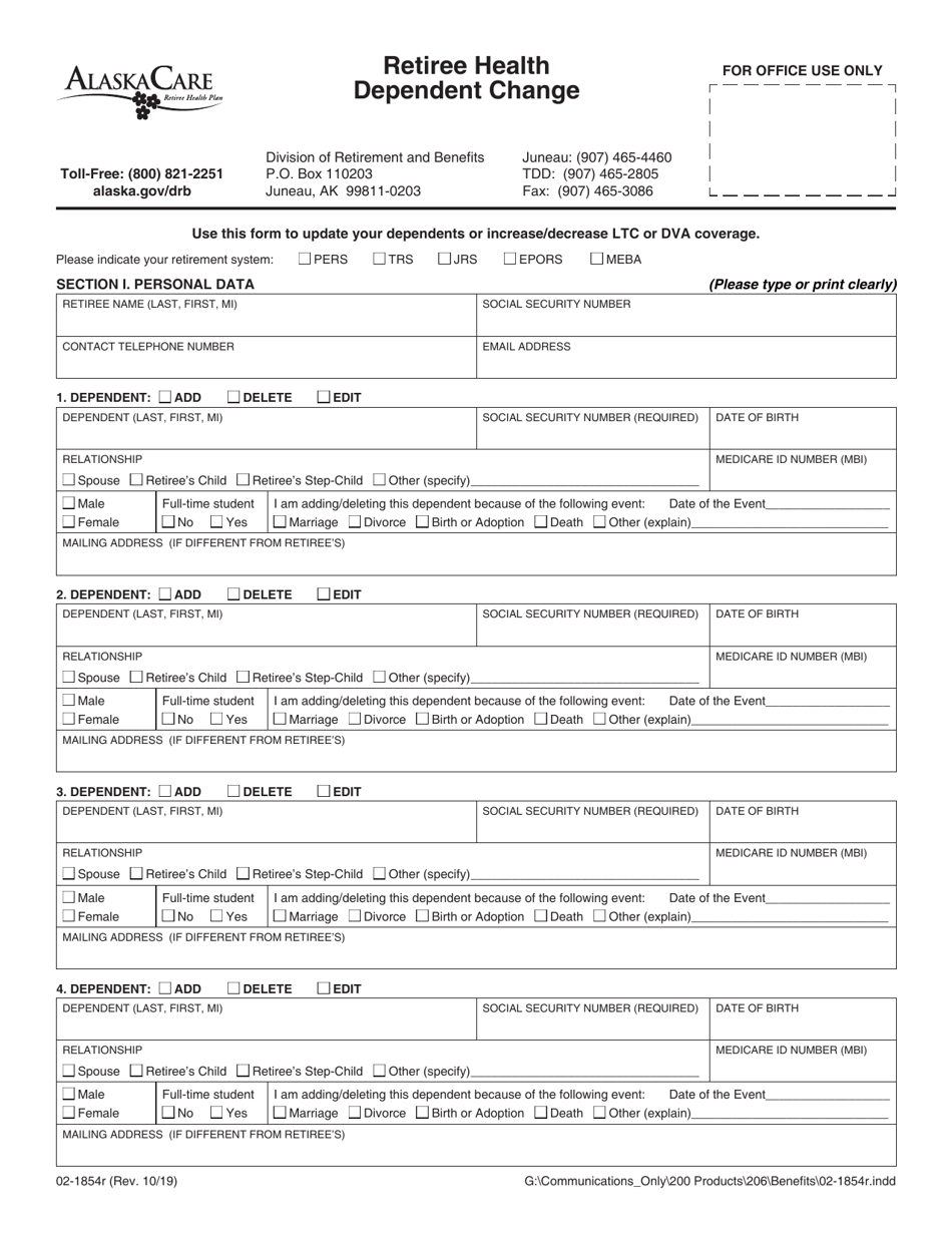 Form 02-1854R Retiree Health Dependent Change - Alaska, Page 1