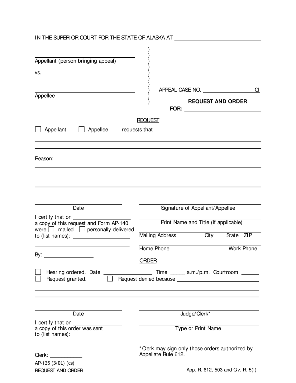 Form AP-135 Request and Order - Alaska, Page 1