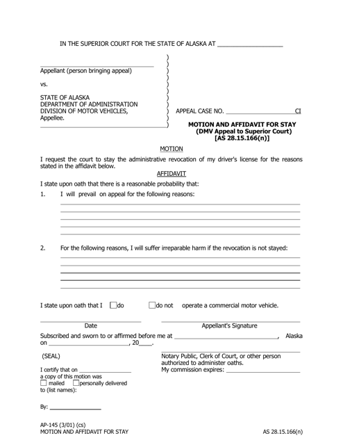 Form AP-145 Motion and Affidavit for Stay (DMV Appeal to Superior Court) - Alaska